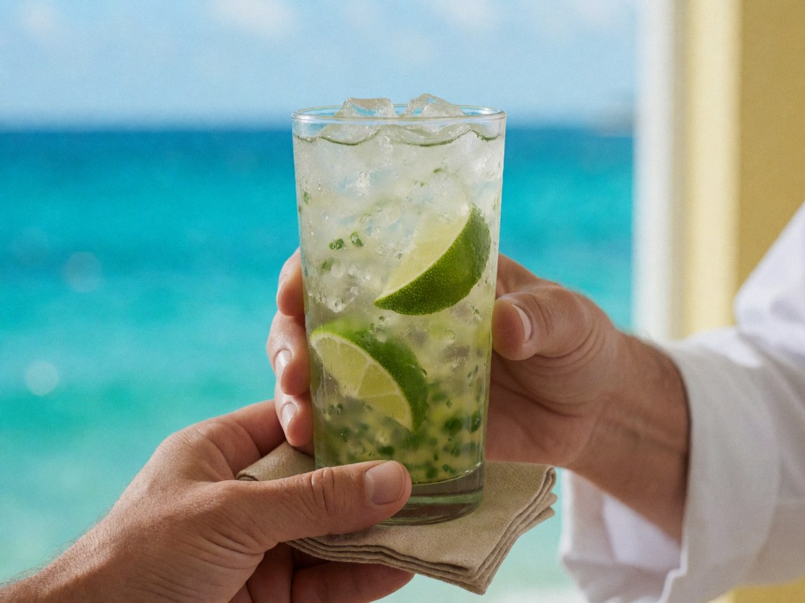 Close-up of a caipirinha glass garnished with lime slices, set against a vibrant turquoise ocean background, perfect for beach club branding.