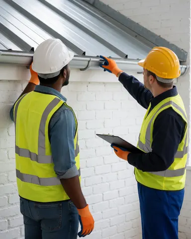 Two workers in hard hats and safety vests inspect a new metal roof over a white brick wall, one holding an inspection clipboard