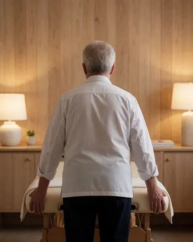 Therapist adjusting a massage table in a room with wooden walls and warm lighting, creating a professional and relaxing atmosphere.