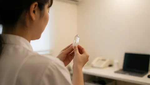 A reflexologist holding a quartz crystal in a warm white clinic, suitable for a website hero section.