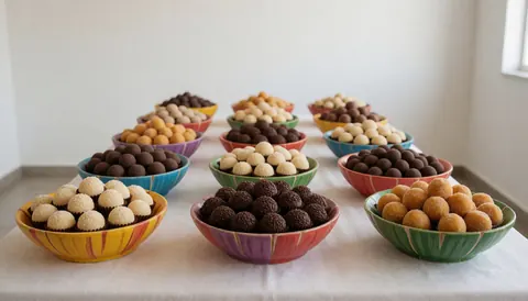Assorted Brazilian candies in colorful bowls arranged on a white tablecloth, perfect for party coordination and event planning.