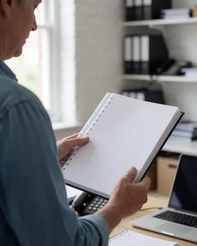 Adult customer holding a bound report near a photocopier in an office with shelves and a white brick wall.