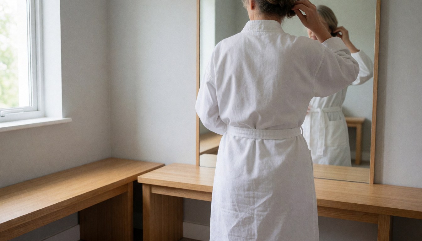 A woman in a white coat adjusts her hair while looking into a mirror inside a changing room with wooden benches and natural light.