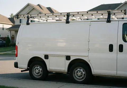 White heating repair van with a ladder on top parked on a residential street with houses in the background under morning light