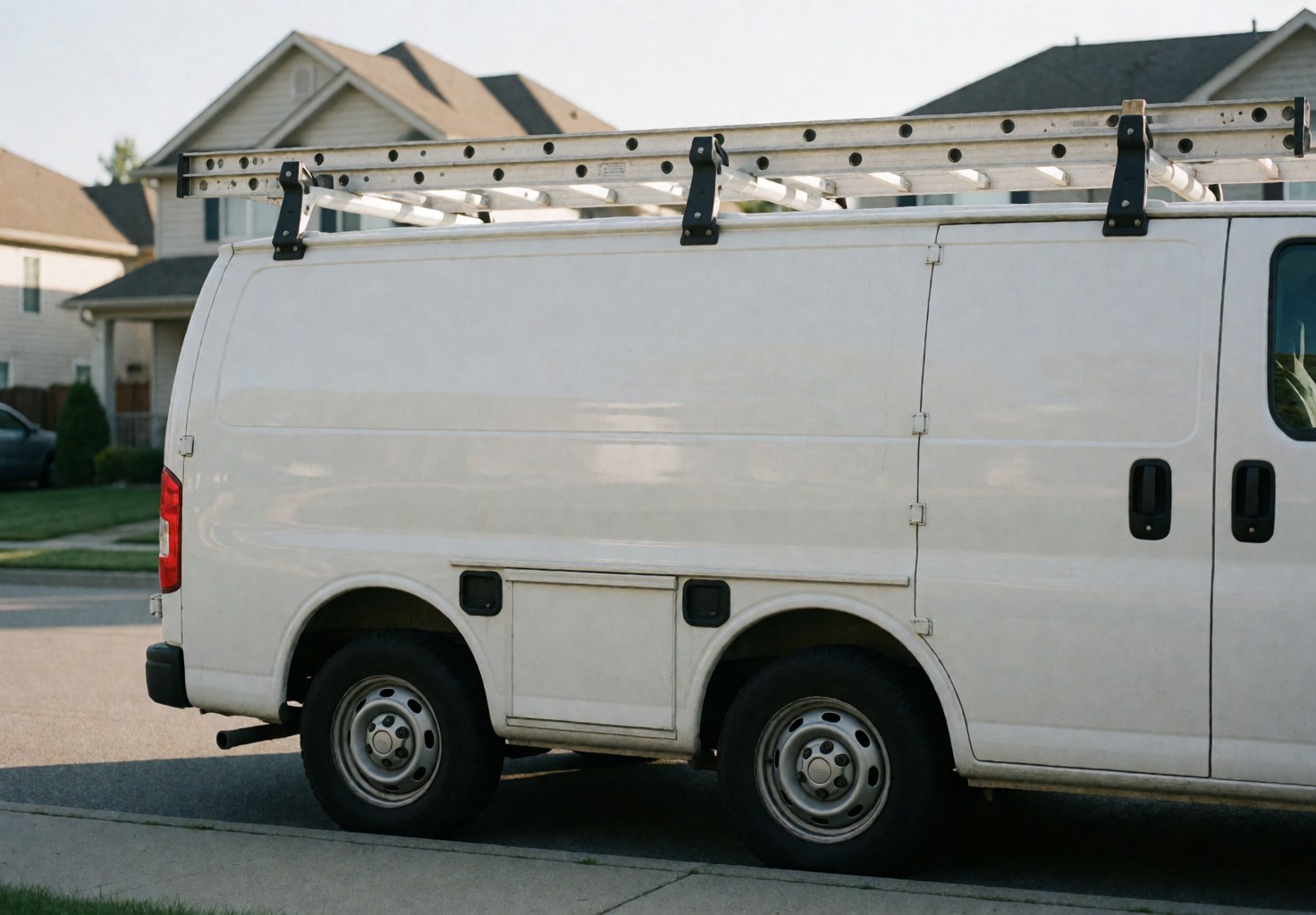White heating repair van with a ladder on top parked on a residential street with houses in the background under morning light