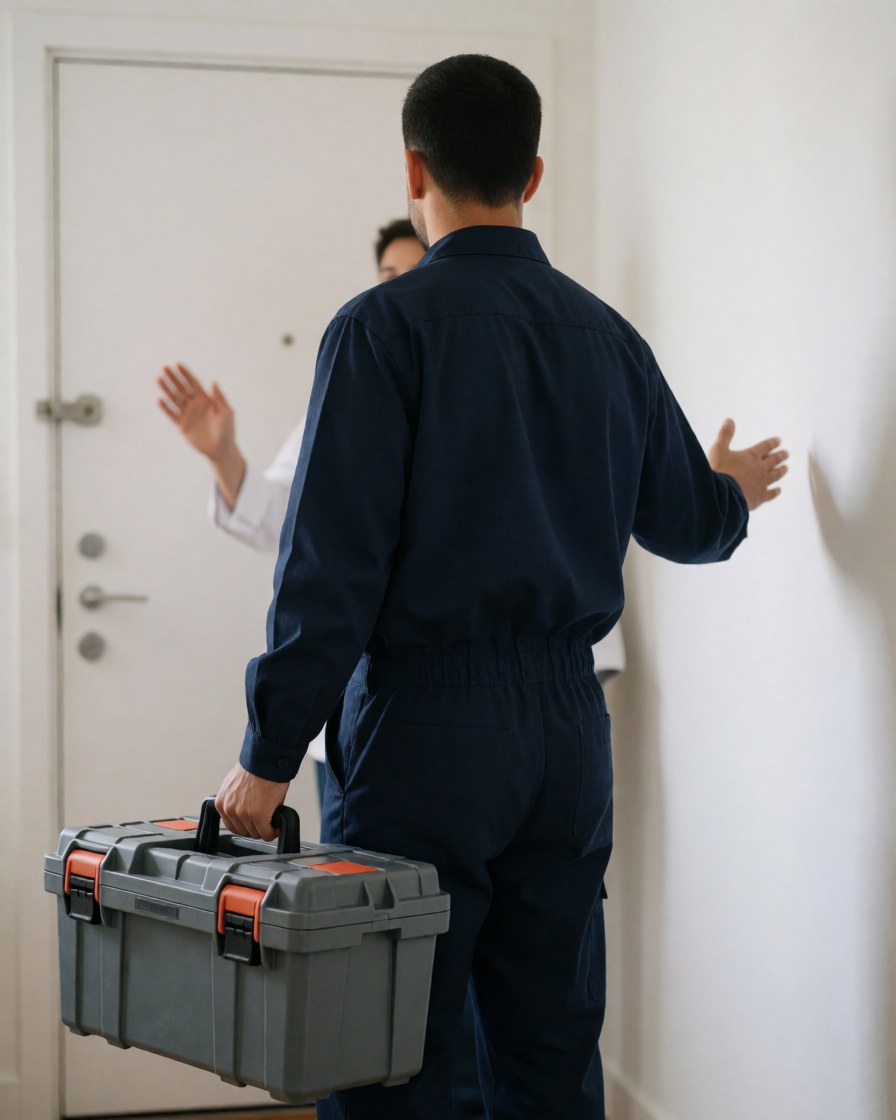 Technician holding a tool box at a residential door, greeting a happy customer during a professional cctv installation service