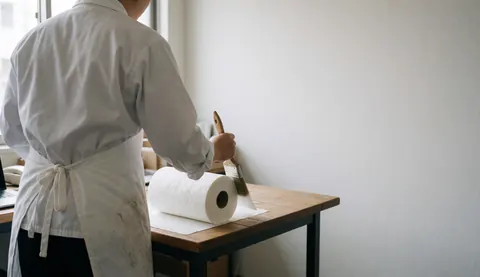 Artist in white apron cleans brush over toilet paper roll on wooden table with white wall and natural light