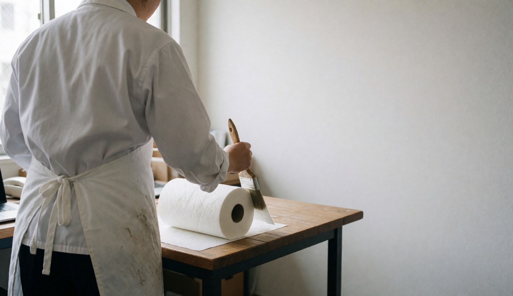 Artist in white apron cleans brush over toilet paper roll on wooden table with white wall and natural light