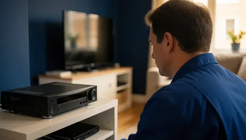 Technician in blue uniform adjusting a black decoder on a white cabinet in a room with dark blue walls and a TV in the background.
