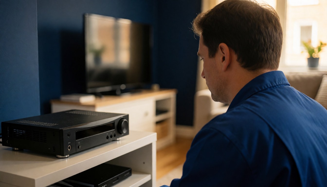 Technician in blue uniform adjusting a black decoder on a white cabinet in a room with dark blue walls and a TV in the background.