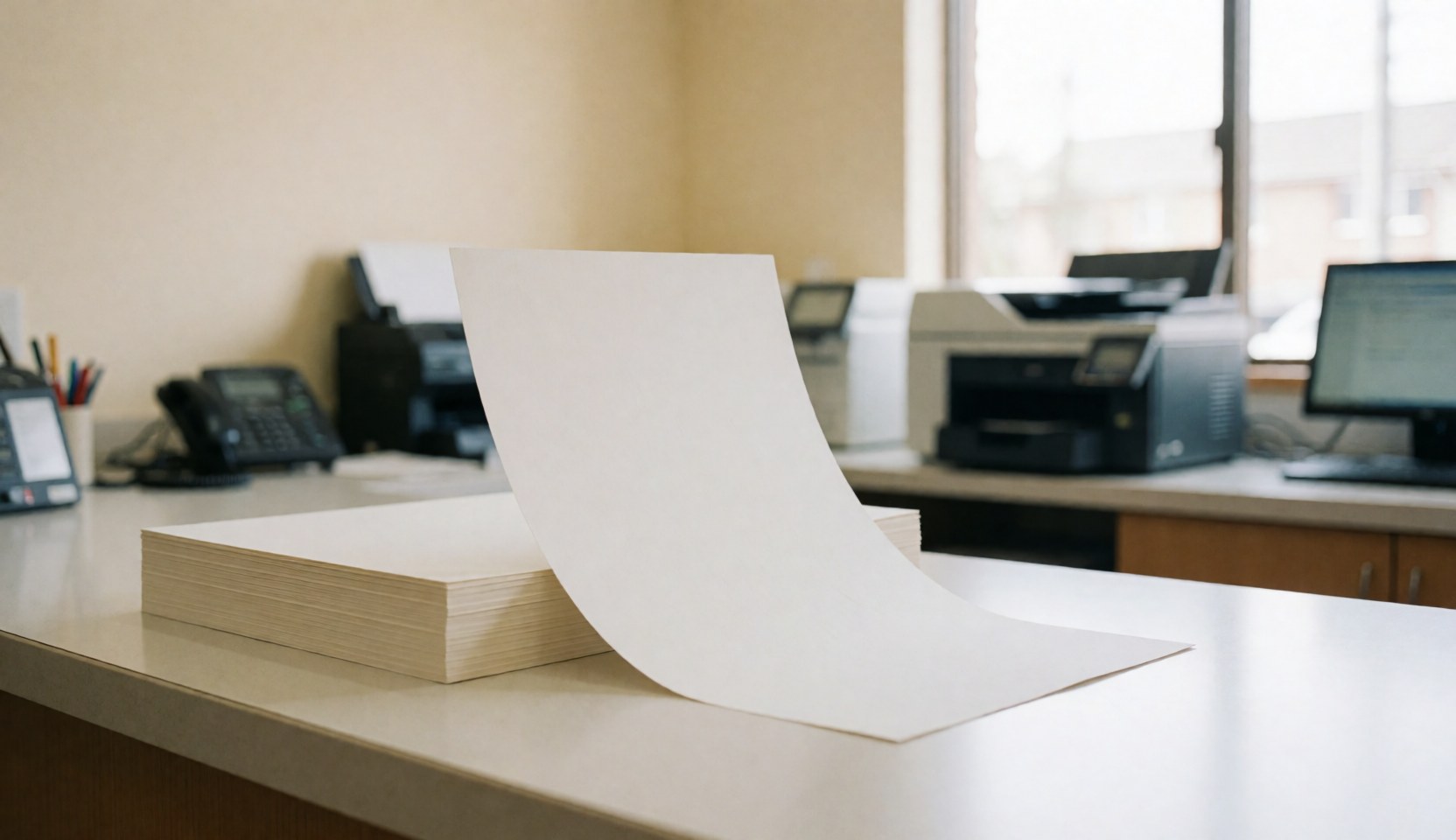 Stack of thick white paper on a copy center counter with a printer and computer in the background for business services