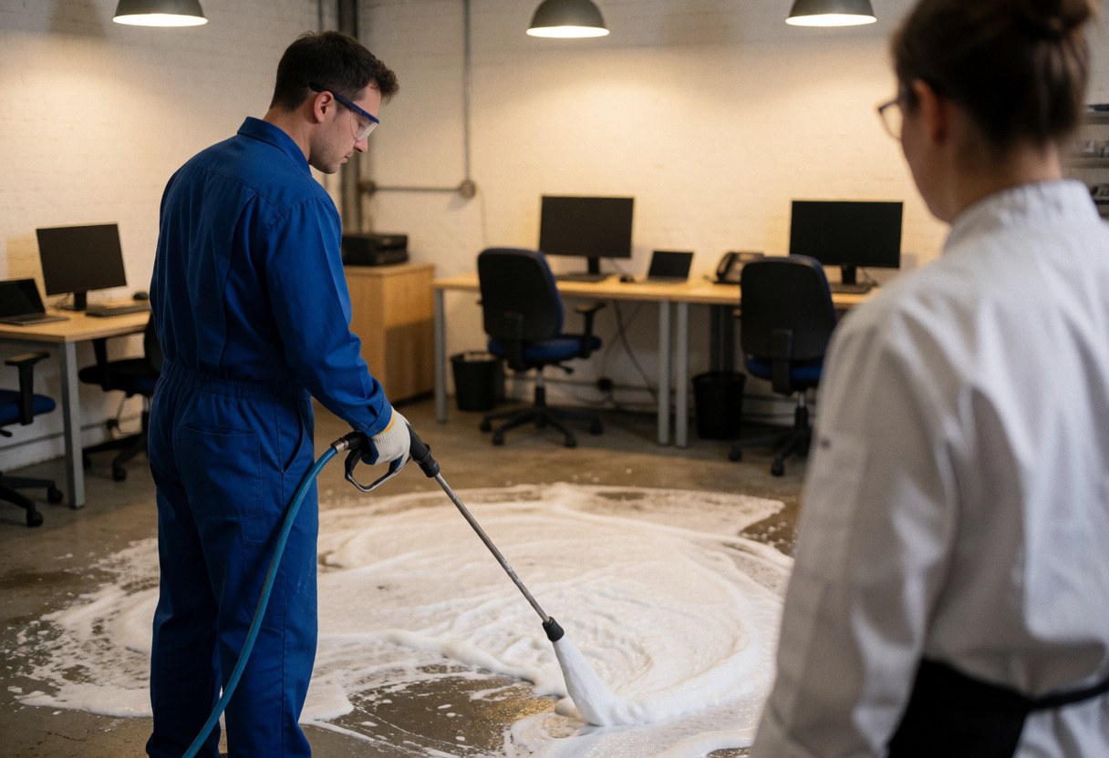 Worker in blue uniform sprays white foam on concrete floor while client in white apron observes industrial cleaning service