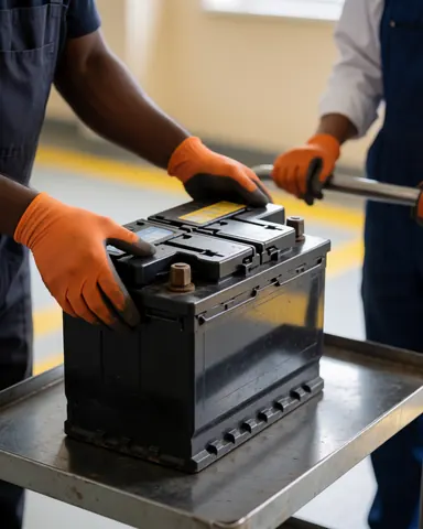 A technician wearing nitrile gloves places a car battery onto a metal cart in a workshop with yellow safety lines.