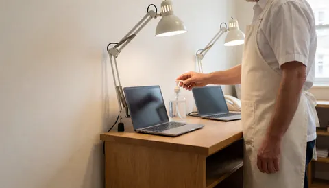 A professional in an apron sanitizing a work station with practical lighting, clean and orderly space with text area