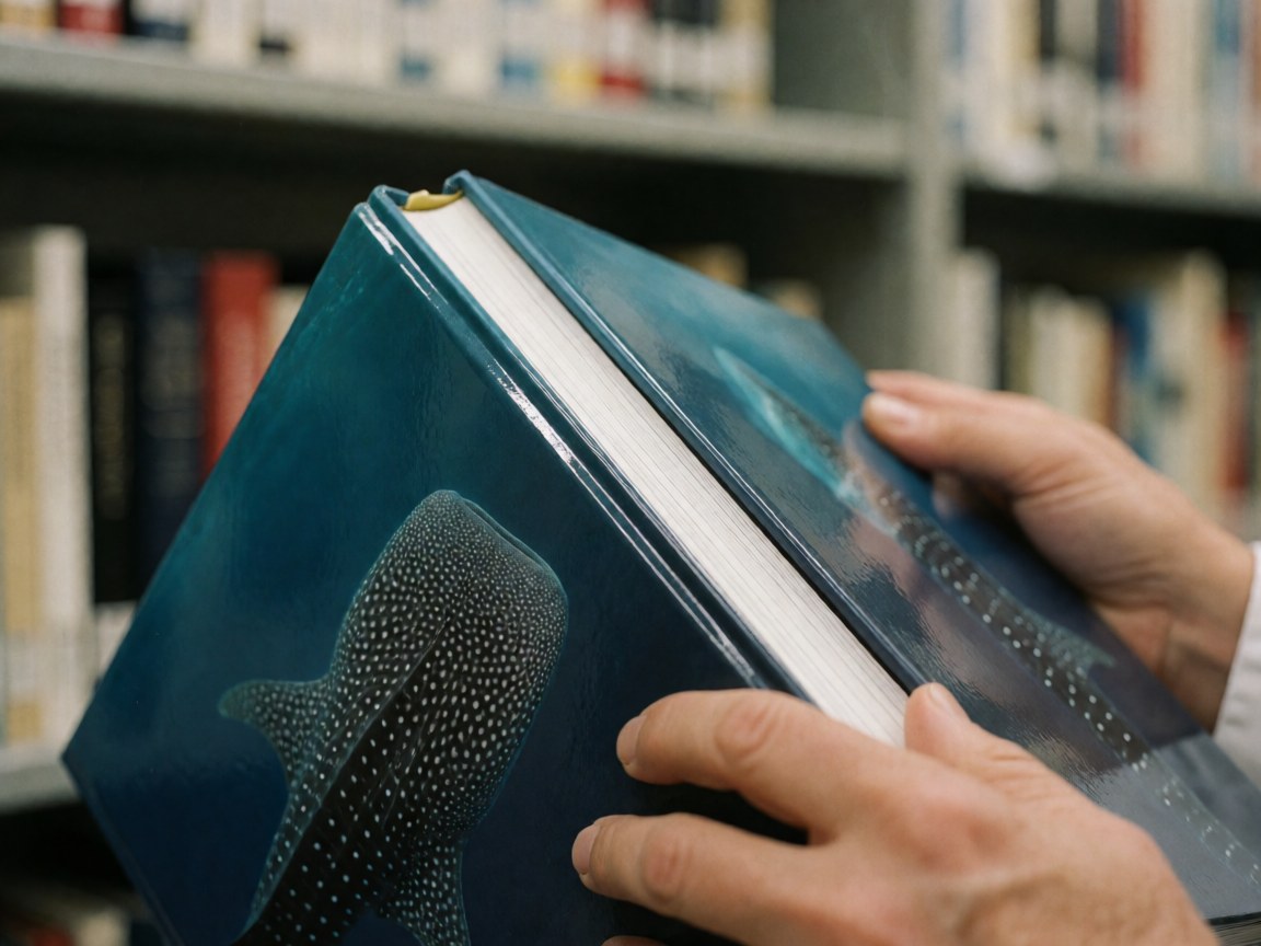 Hands holding a hardcover book with a whale shark design on a library shelf