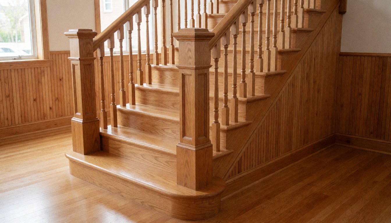 Restored wooden staircase with polished railing and floor in a room with slat walls, ideal for furniture restoration business.