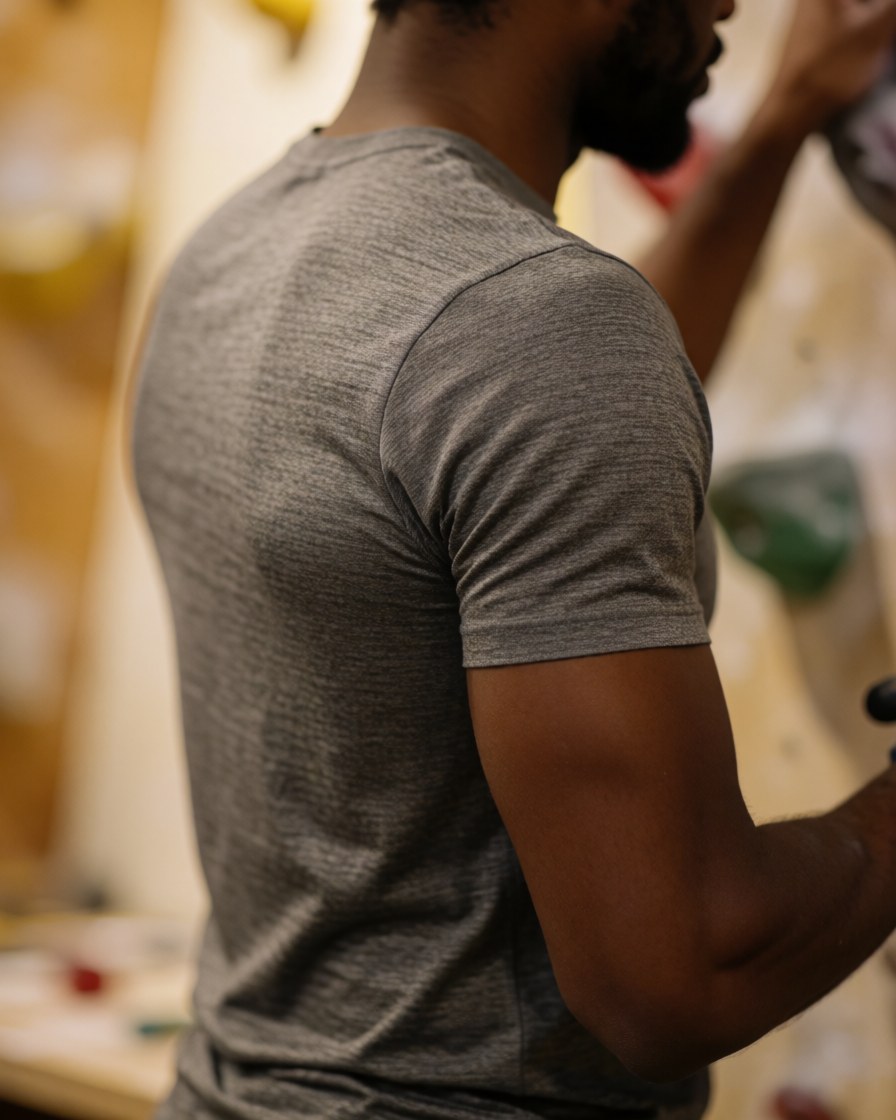 A smiling client in a climbing gym wearing technical athletic clothing, with a visible climbing wall and natural warm lighting in the background.