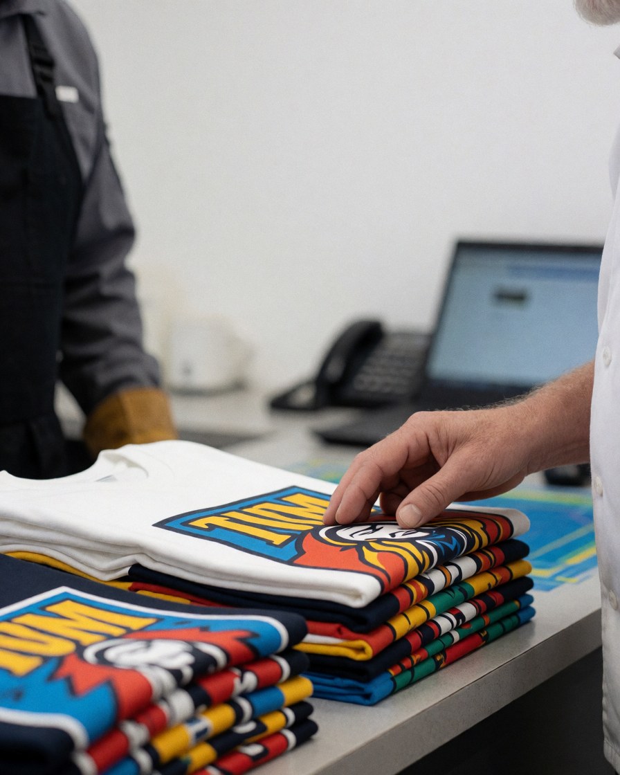 A customer's hands touching a printed t-shirt in a textile printing store with white walls and a clean counter