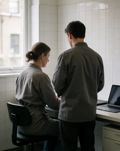 Therapist and client reviewing a laptop in a room with white tiled walls and natural light