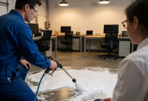 Worker wearing safety glasses applies white foam with a spray gun to a dirty industrial floor while a client observes the cleaning process.