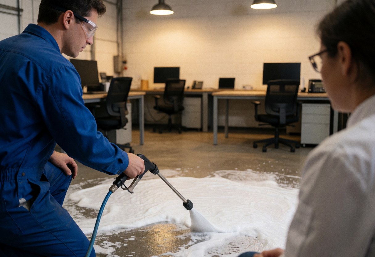 Worker wearing safety glasses applies white foam with a spray gun to a dirty industrial floor while a client observes the cleaning process.