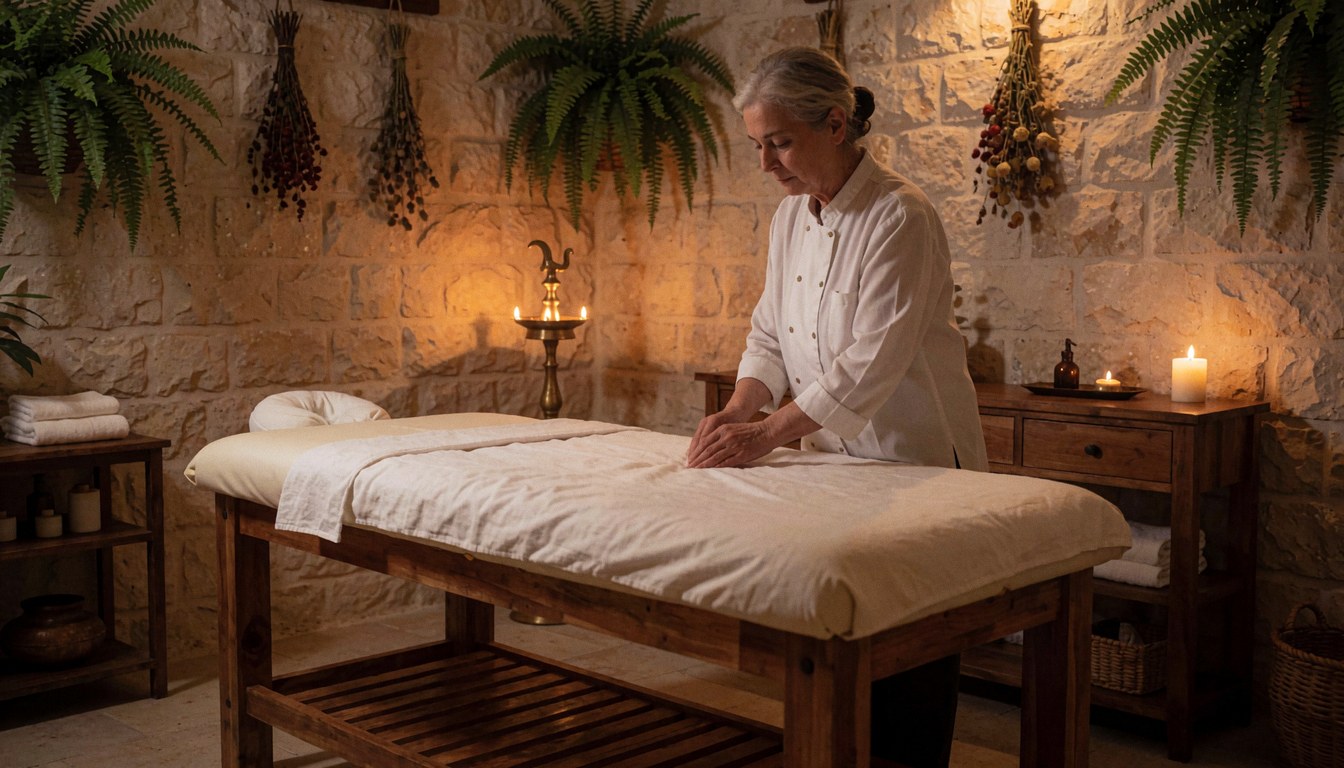 A professional therapist performs a massage on a wooden table in a stone room with plants and warm lighting.