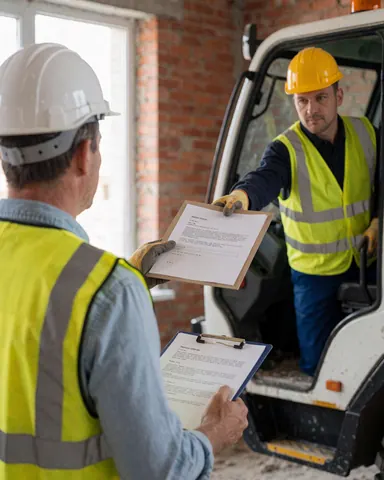 Crane operator hands documents to contractor on construction site with brick walls, both wearing hard hats and reflective vests