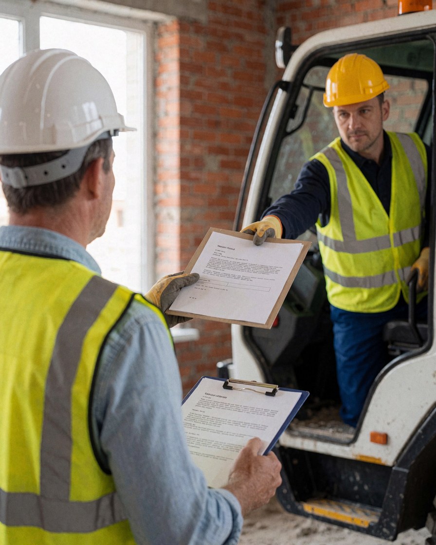 Crane operator hands documents to contractor on construction site with brick walls, both wearing hard hats and reflective vests