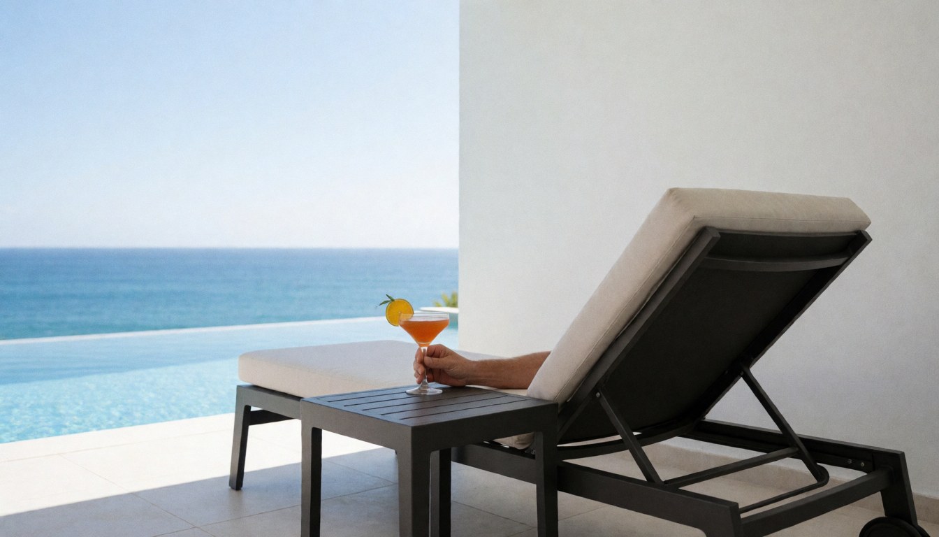 A pool chair with a cocktail overlooking the ocean, ideal for a resort website hero image