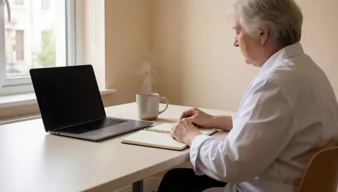 An adult works on a laptop next to a steaming coffee cup on a white table near a window, with beige walls and text space.