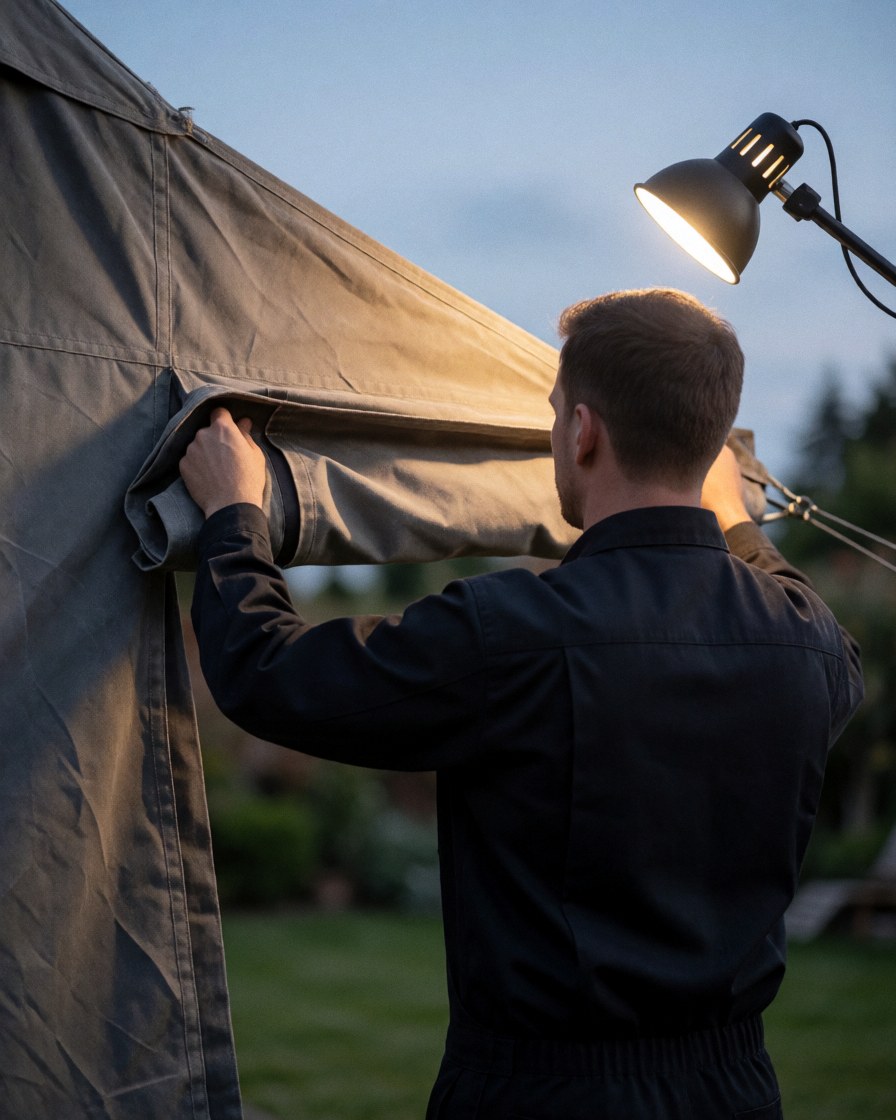 Worker folding gray tent fabric with portable light in garden at sunset for furniture rental service