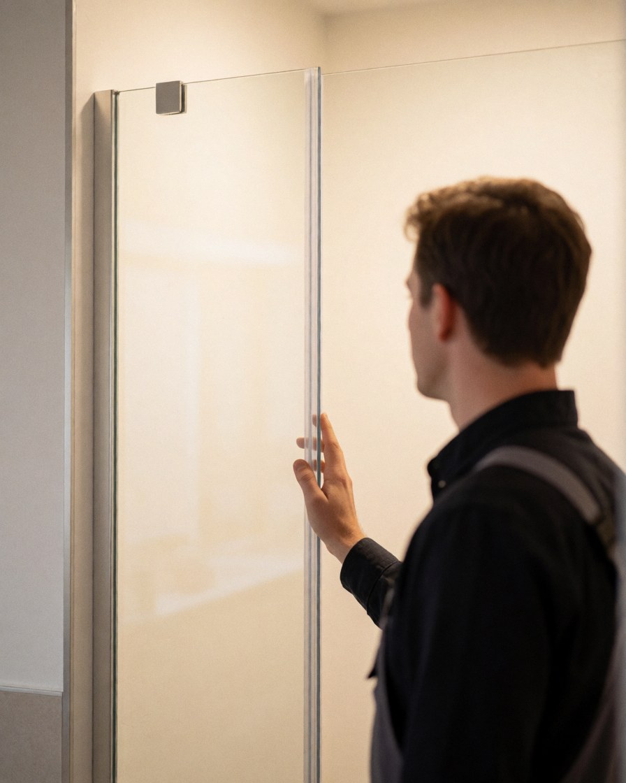 Satisfied client checking the installation of a modern frameless glass shower door in a bright bathroom with warm white walls and soft lighting.