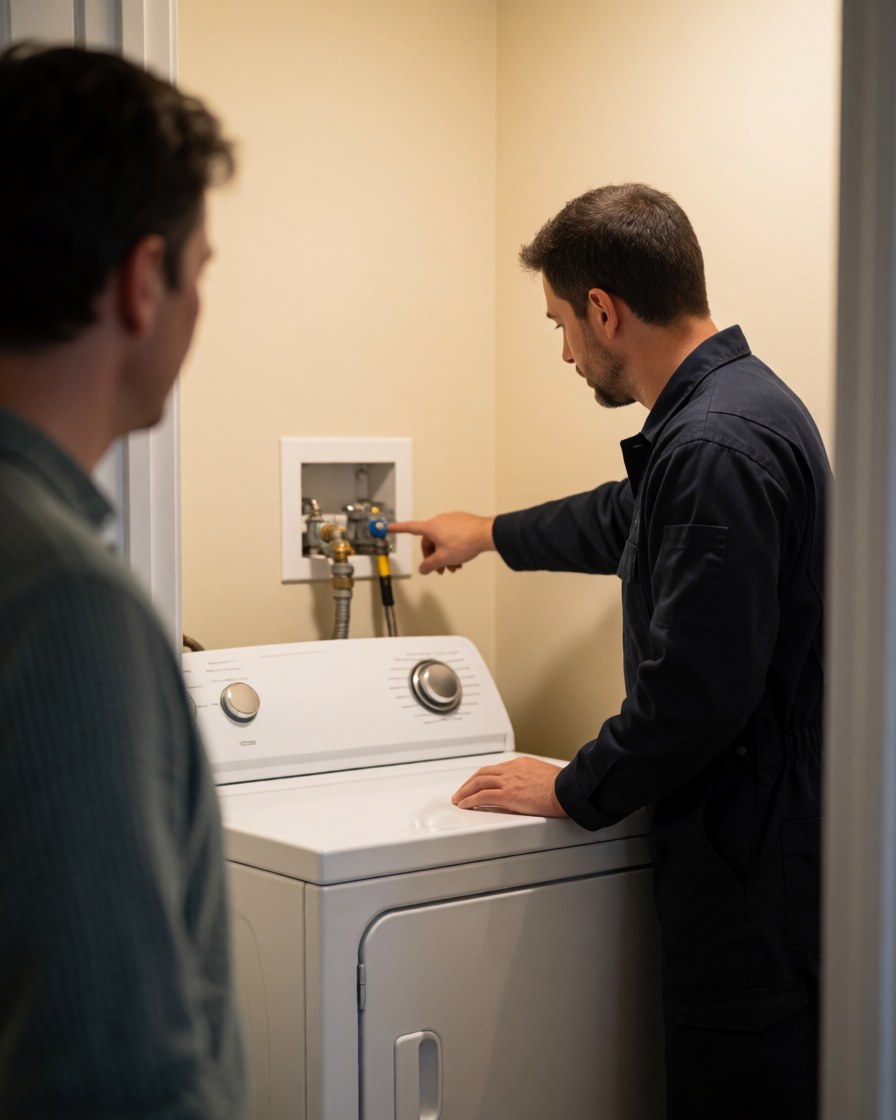 Technician checking gas valve in new white dryer while customer watches from behind in beige room.