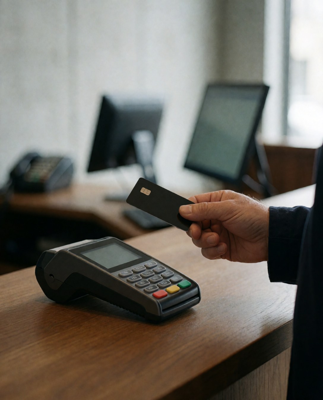 Close-up of a hand using a credit card on a payment terminal placed on a wooden table.