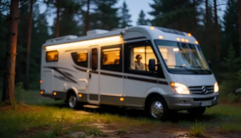 White RV with lights on parked in a pine forest at sunset, ideal for camping background