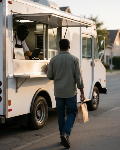 A customer walks down a quiet street holding a food bag with a white food truck visible in the background during golden hour sunset.