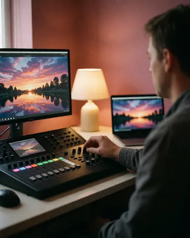 Close-up of a hand adjusting controls on a professional video console with monitors displaying sunset imagery and warm desk lighting against a pink wall.
