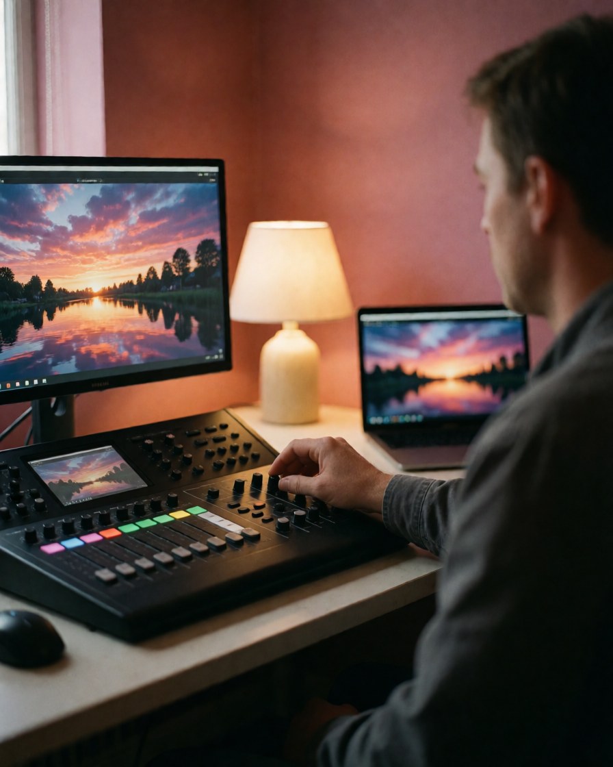 Close-up of a hand adjusting controls on a professional video console with monitors displaying sunset imagery and warm desk lighting against a pink wall.