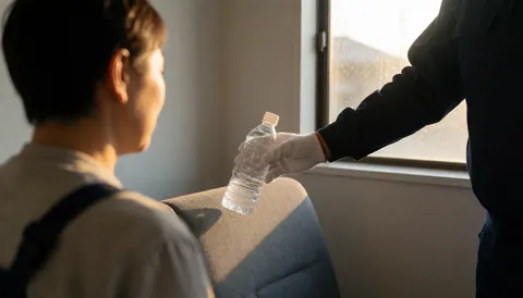 A gloved hand places a water bottle on the back seat of a taxi, providing service to a seated passenger.