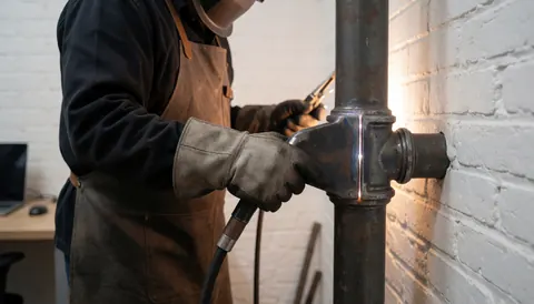 Professional welder wearing leather glove and vest welding a metal pipe against a white brick wall with visible sparks