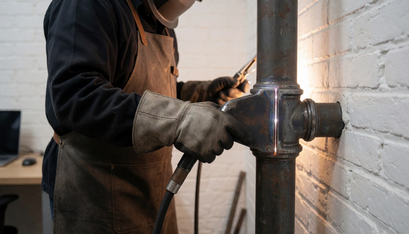 Professional welder wearing leather glove and vest welding a metal pipe against a white brick wall with visible sparks