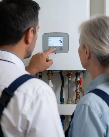 A plumber in uniform points to the digital screen of a water heater while explaining its features to a customer observing the pipes and valves.