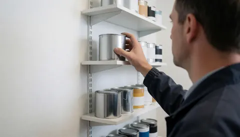 Technician picking up a metallic paint can from a white shelf with other paint cans in the background