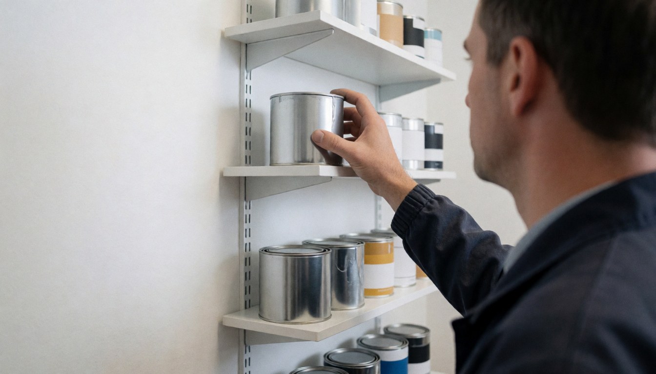Technician picking up a metallic paint can from a white shelf with other paint cans in the background