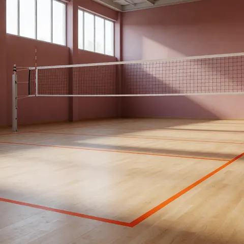 Empty indoor volleyball court featuring bright orange boundary lines, a net, and pink walls, suitable for training.