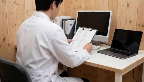 Medical professional in white coat reviewing a chart at a desk with a computer and files in a clean office setting