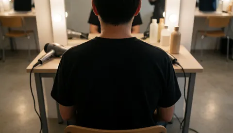 A person sits at a salon station facing a mirror with LED lights, using a hair dryer while product bottles rest on the table.