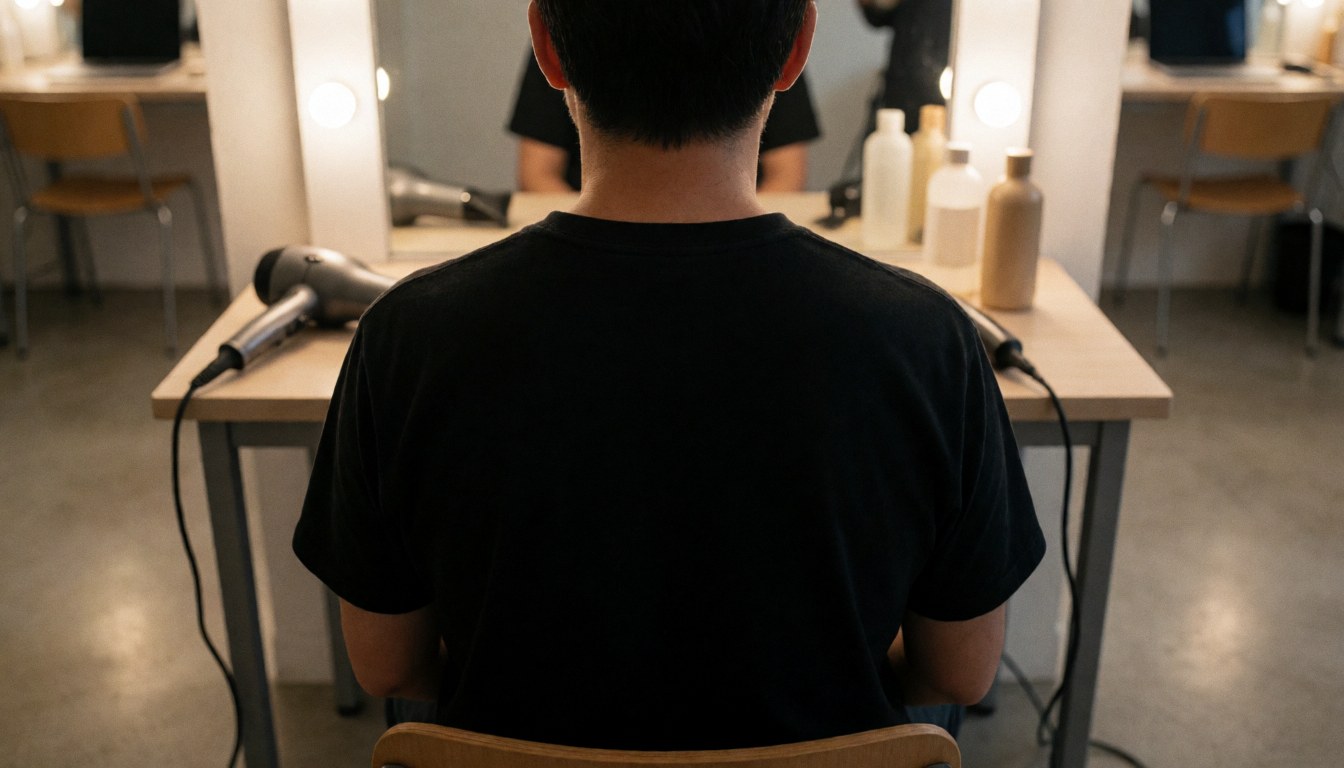 A person sits at a salon station facing a mirror with LED lights, using a hair dryer while product bottles rest on the table.