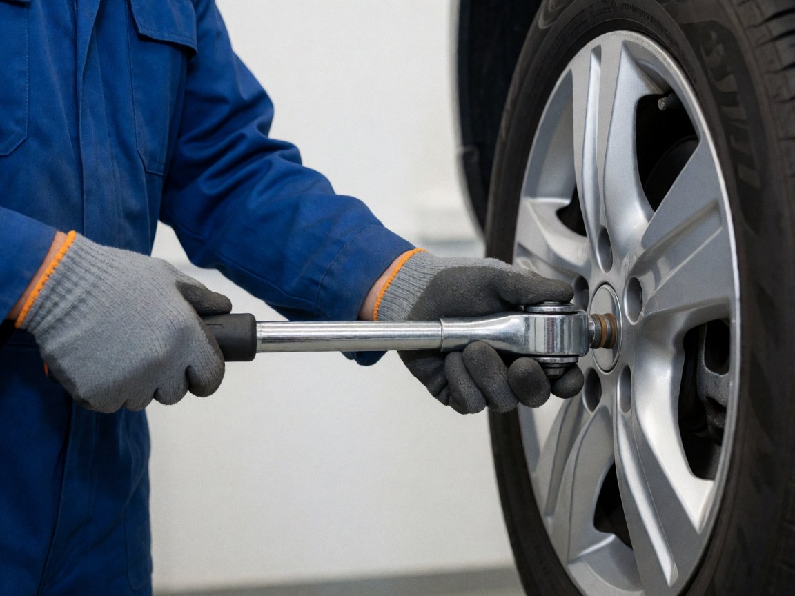 Close-up of a mechanic using a torque wrench to tighten a lug nut on an alloy wheel rim in a tire shop.