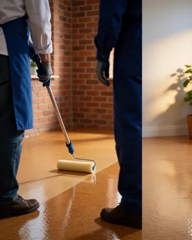 A worker uses a foam roller to apply sealer to a shiny cork floor in a room with a brick wall, leaving space for text.